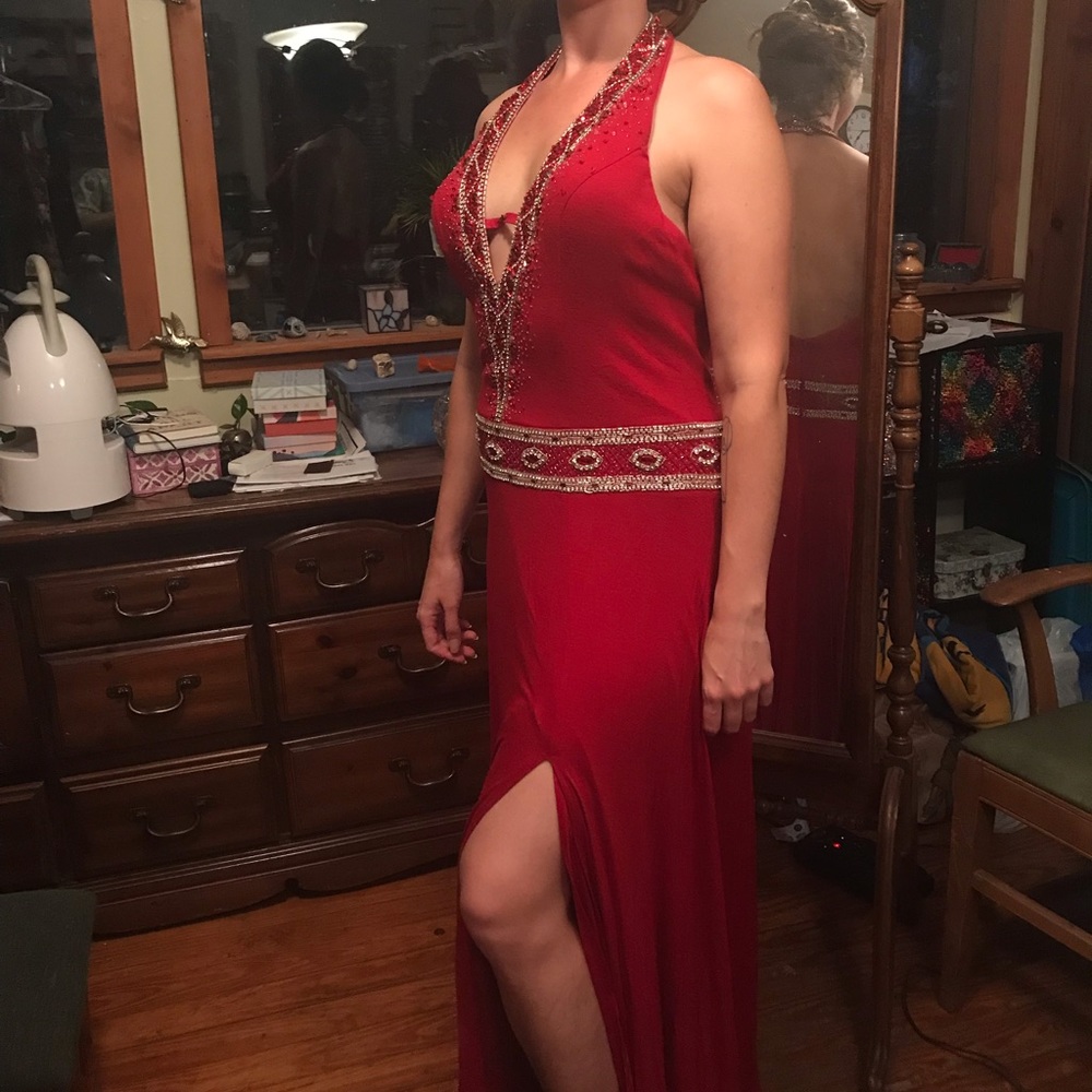 Long gown plunge V slide slit sleek rhinestone